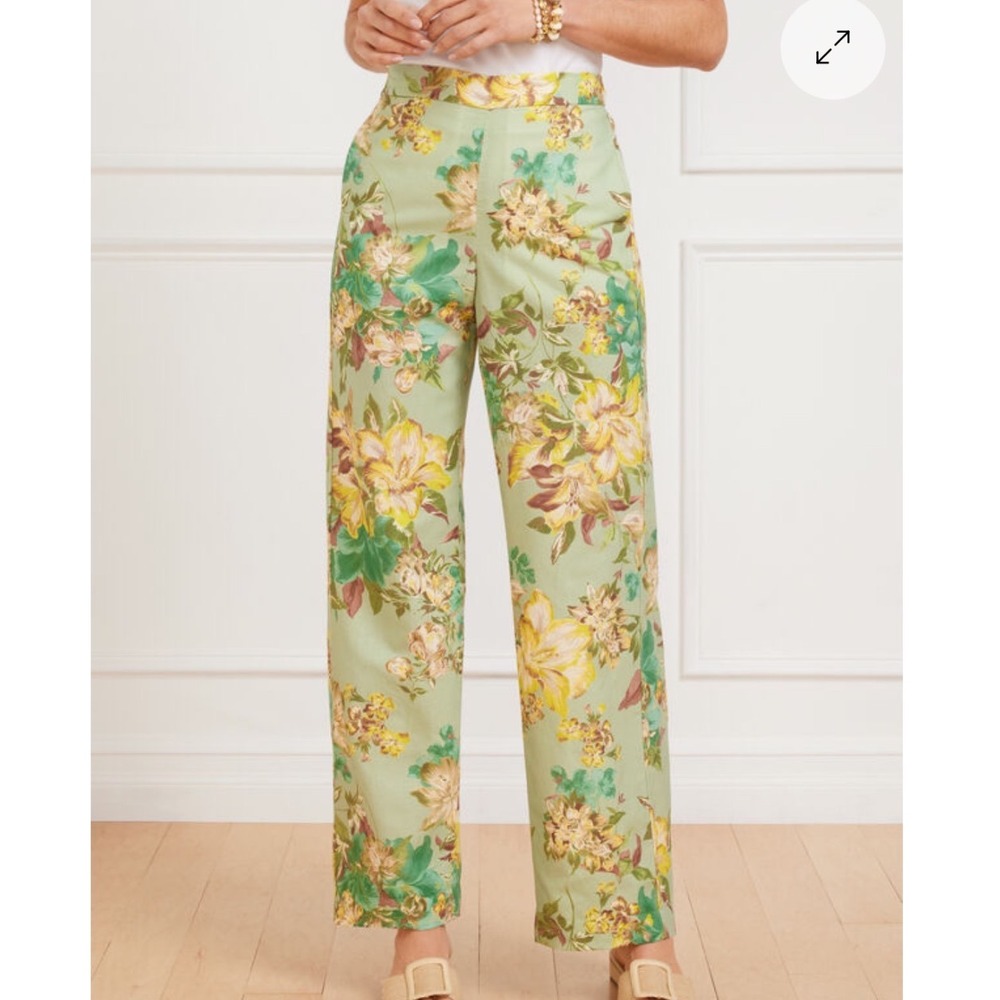 Talbots Floral Print washed Linen Blend Pull‎ On Pants Womens XS Green Tropical